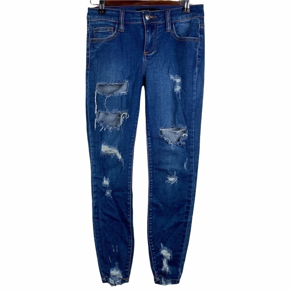 Cello Women's Junior 3 Highly Distressed Holes Mid Rise Super Skinny Ankle Jeans